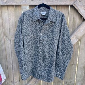 Wrangler Wrancher Pearl Snap Button Up Collared Gray Paisley Long Sleeve Shirt